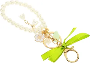 Cute Lily Valley Flower Keychain Bow and Pearl Purse Accessory for Women Car Keyring
