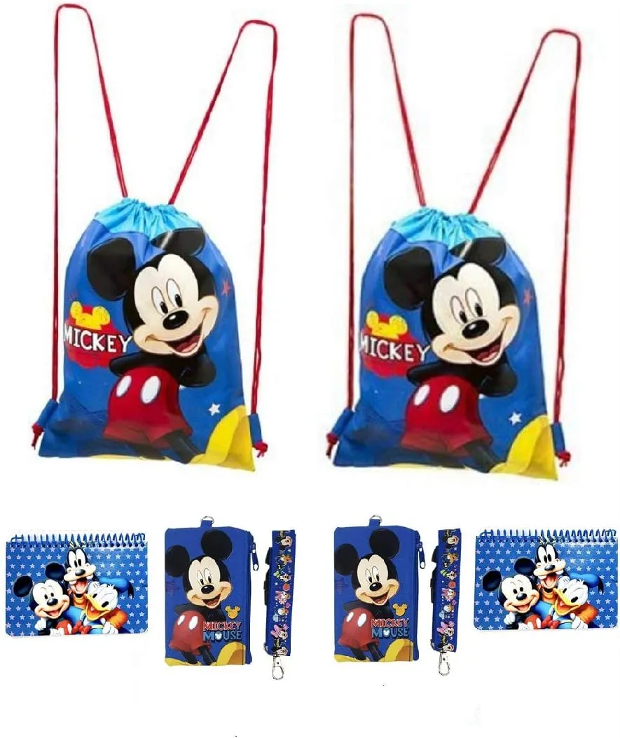 D i s n e y Mickey and Minnie Mouse Drawstring Backpacks Plus Lanyards with Detachable Coin Purse and Autograph Books (Set of 6) (Dark Blue - Dark Blue)