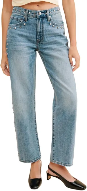 D-Sun Women's Studded Mid Rise Straight Jeans Wide Leg Casual Jeans Rivet Baggy Denim Pants