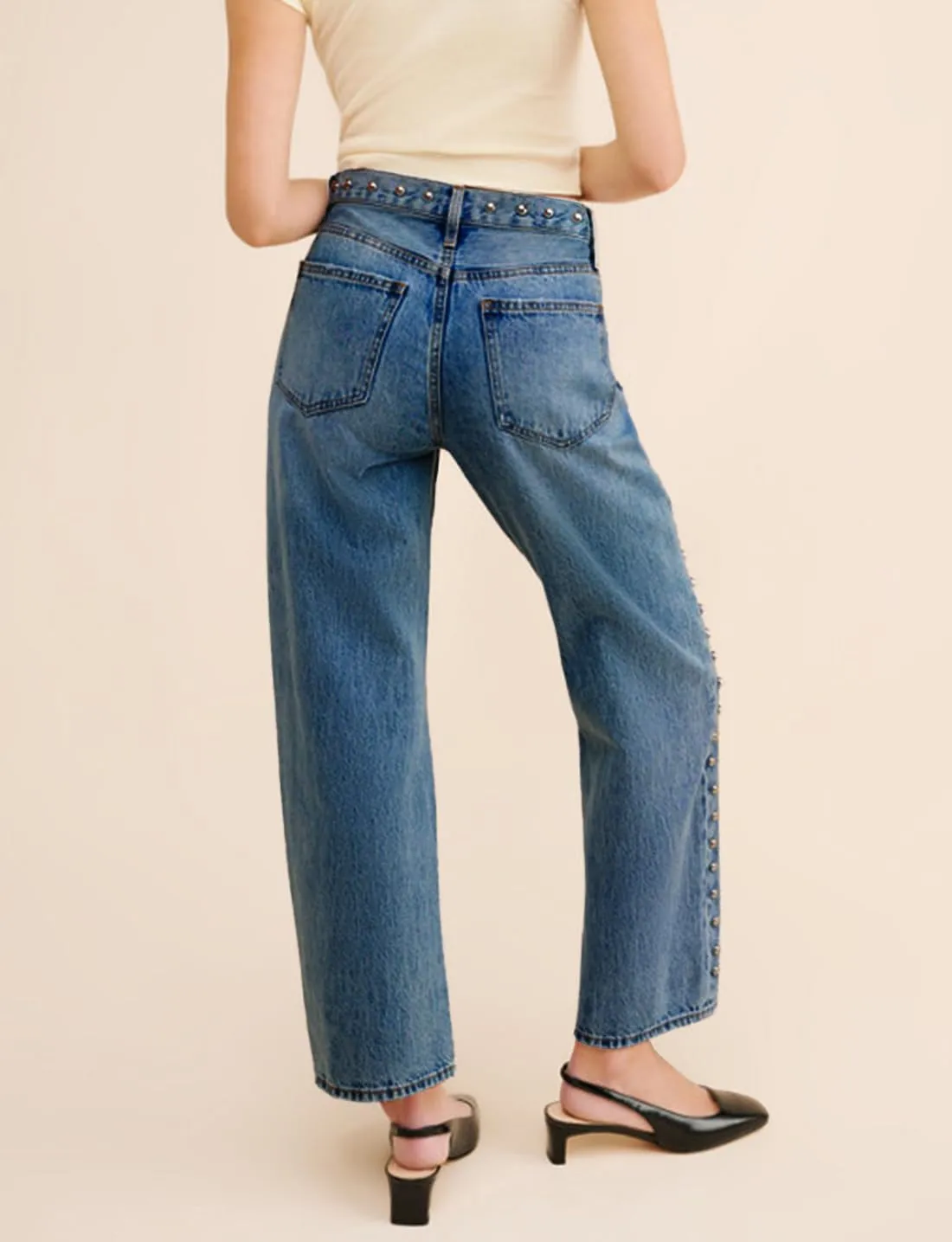 D-Sun Women's Studded Mid Rise Straight Jeans Wide Leg Casual Jeans Rivet Baggy Denim Pants