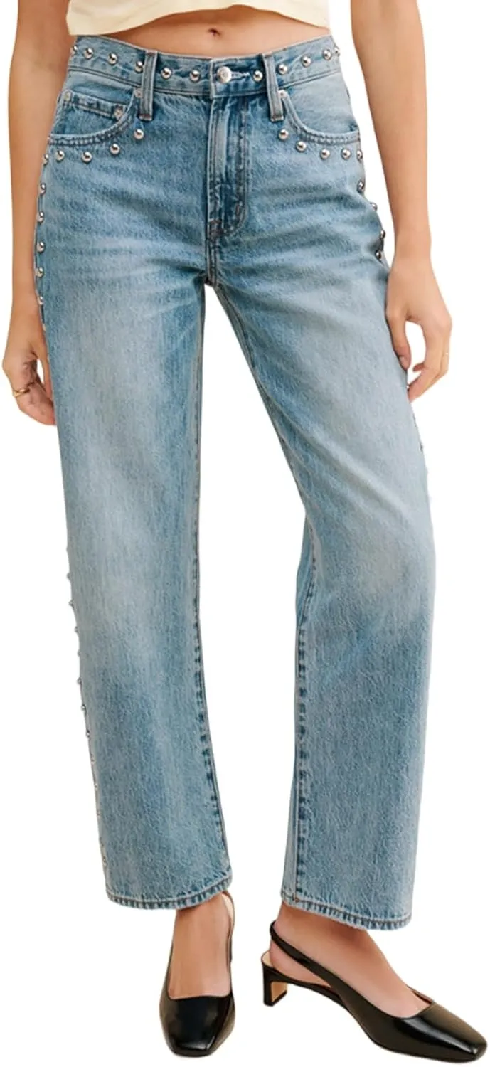 D-Sun Women's Studded Mid Rise Straight Jeans Wide Leg Casual Jeans Rivet Baggy Denim Pants