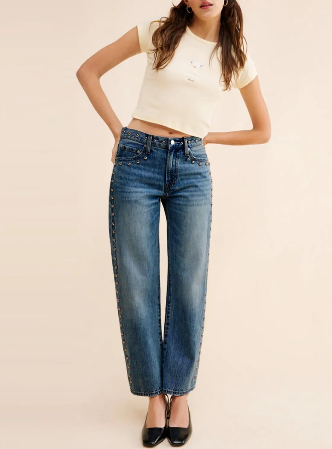 D-Sun Women's Studded Mid Rise Straight Jeans Wide Leg Casual Jeans Rivet Baggy Denim Pants