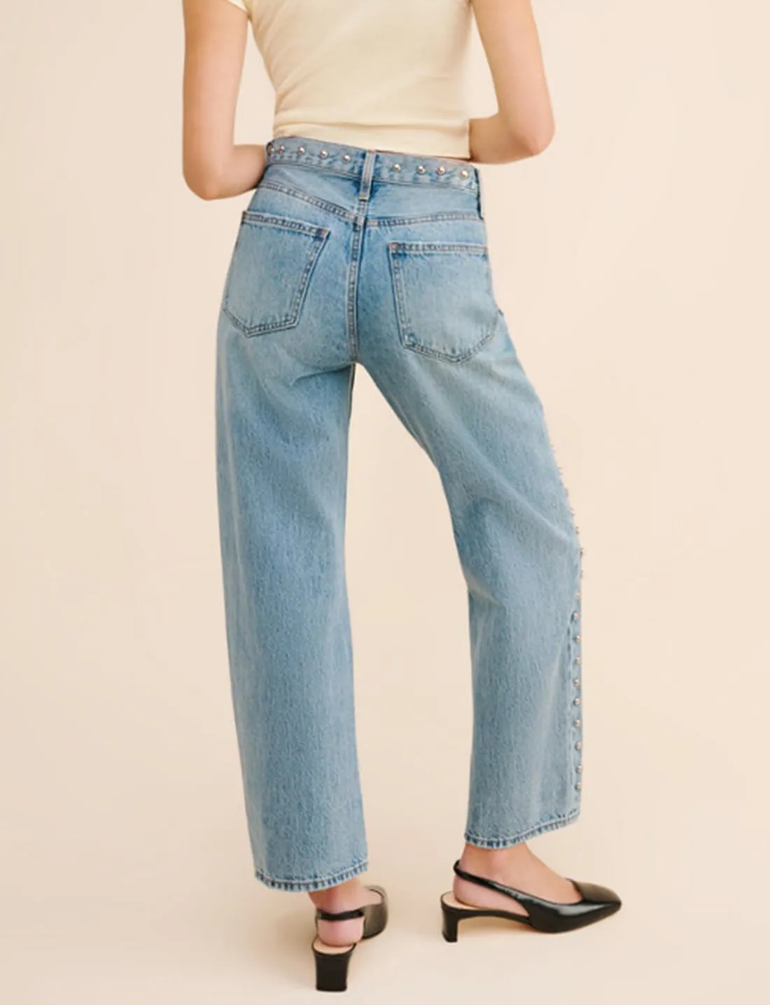 D-Sun Women's Studded Mid Rise Straight Jeans Wide Leg Casual Jeans Rivet Baggy Denim Pants