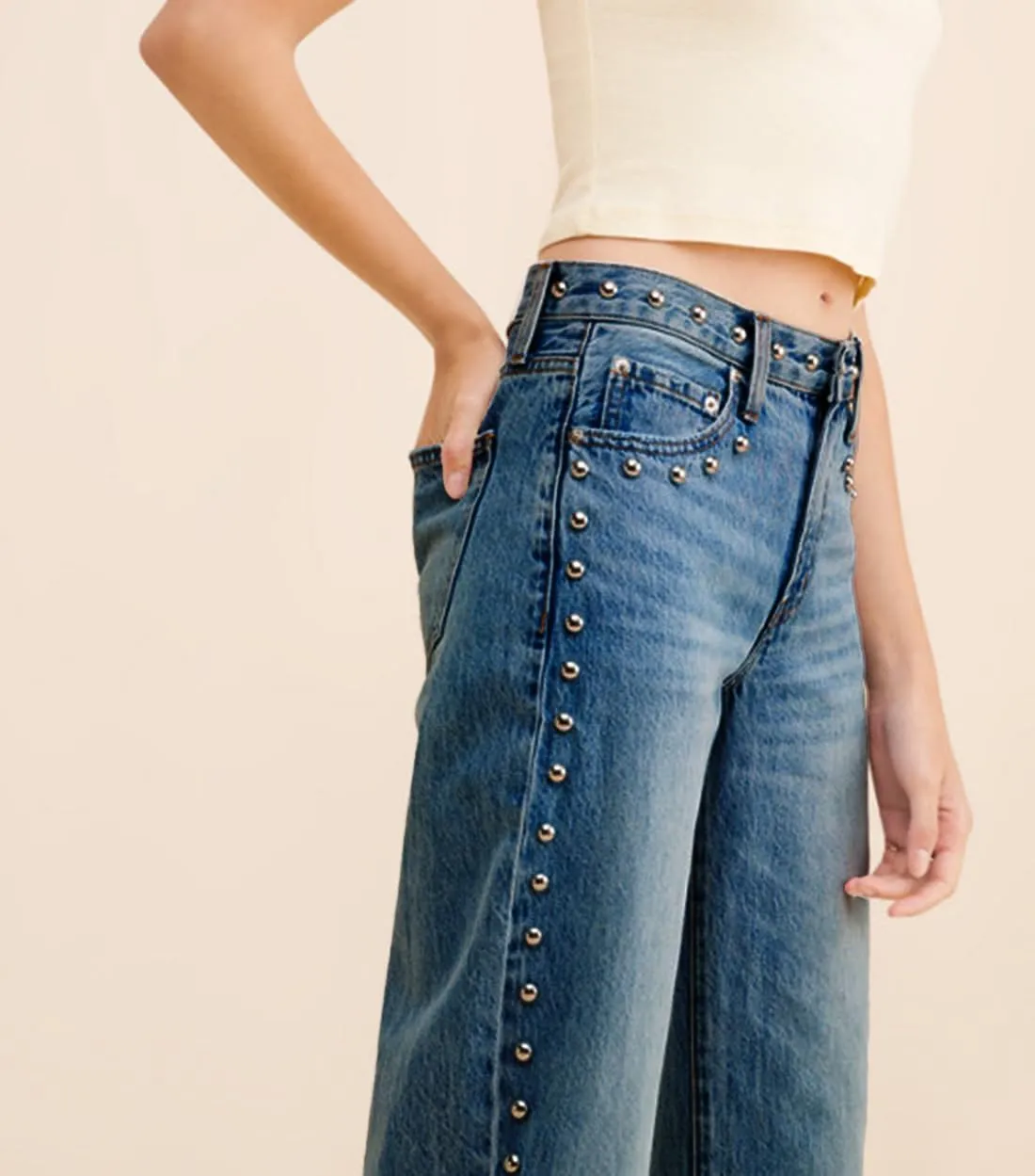 D-Sun Women's Studded Mid Rise Straight Jeans Wide Leg Casual Jeans Rivet Baggy Denim Pants