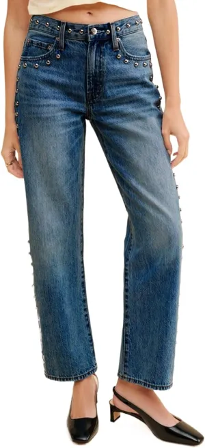 D-Sun Women's Studded Mid Rise Straight Jeans Wide Leg Casual Jeans Rivet Baggy Denim Pants