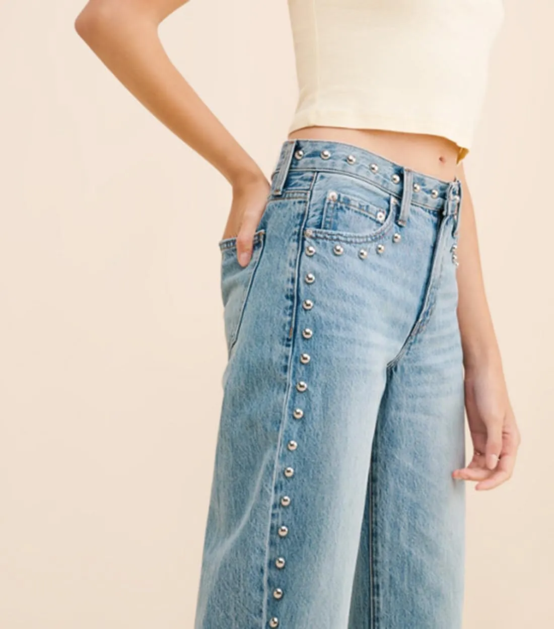 D-Sun Women's Studded Mid Rise Straight Jeans Wide Leg Casual Jeans Rivet Baggy Denim Pants