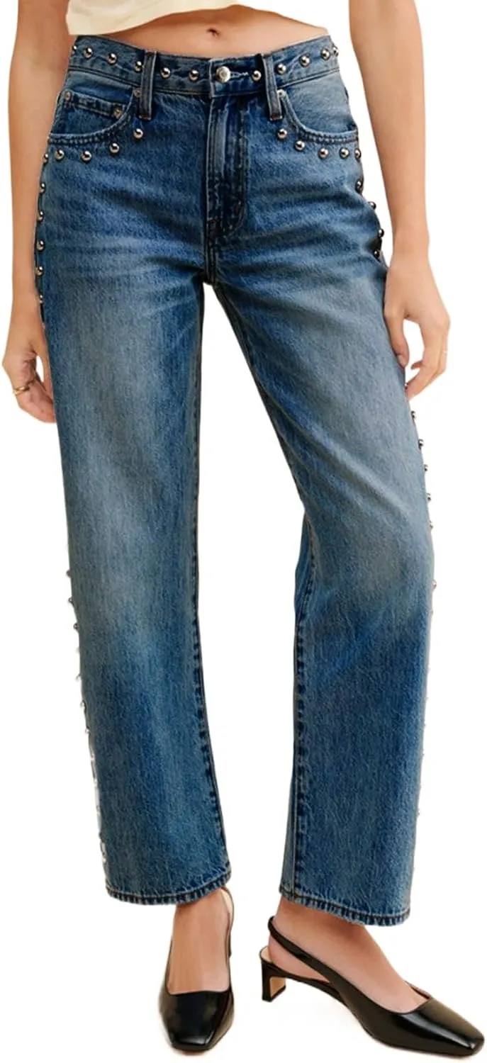 D-Sun Women's Studded Mid Rise Straight Jeans Wide Leg Casual Jeans Rivet Baggy Denim Pants