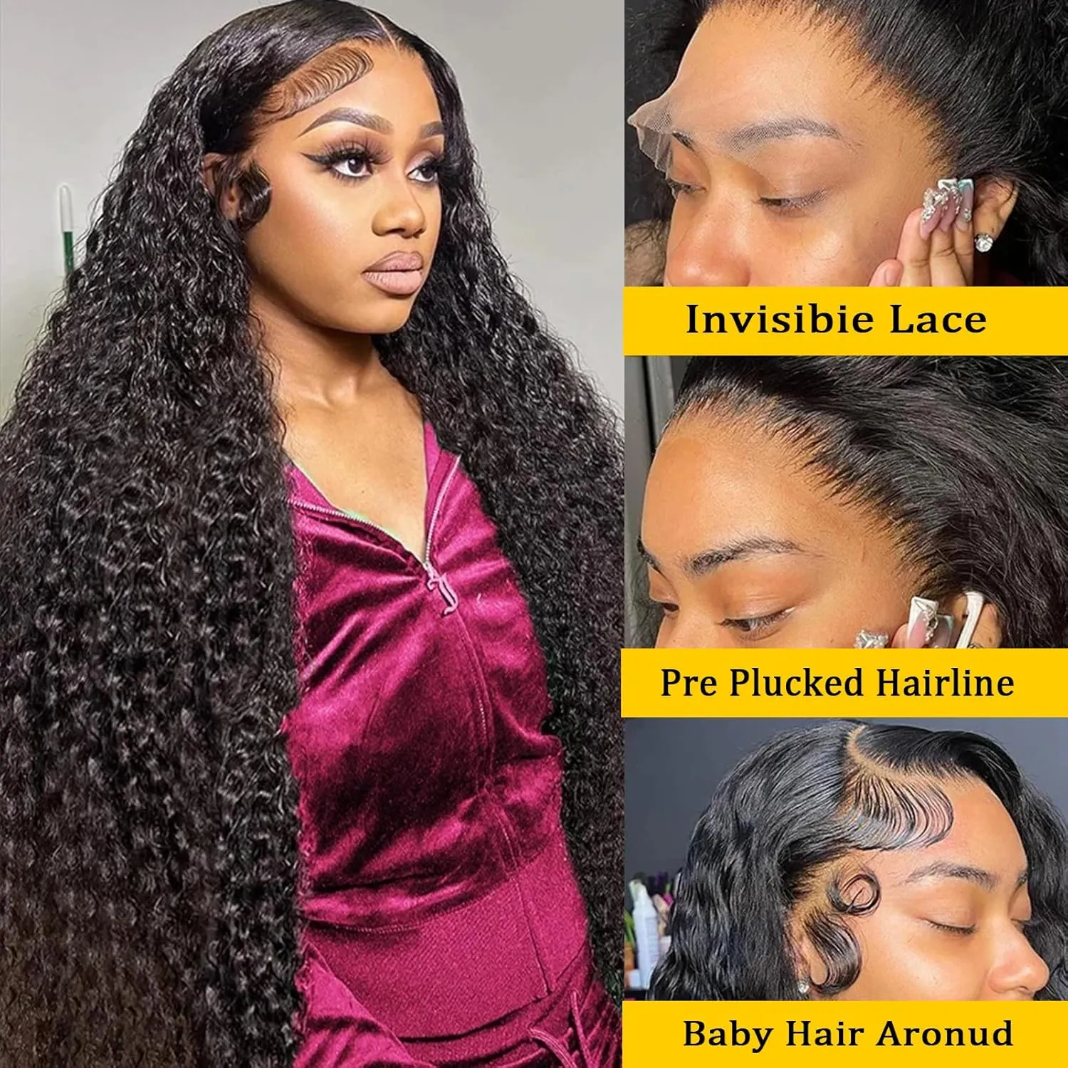 Deep Wave Lace Front Wigs Human Hair Glueless Wigs Pre Plucked with Baby Hair 180% Density 13x6 HD Transparent Lace Front Wigs for Women 28 Inch