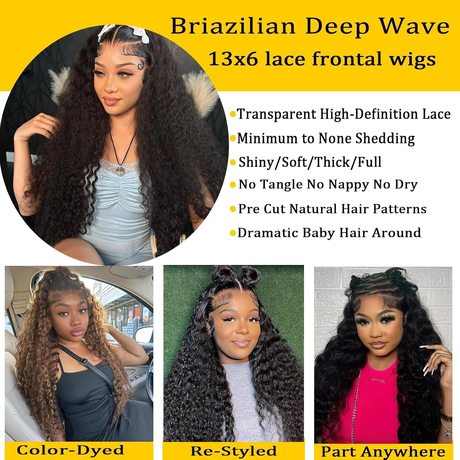Deep Wave Lace Front Wigs Human Hair Glueless Wigs Pre Plucked with Baby Hair 180% Density 13x6 HD Transparent Lace Front Wigs for Women 28 Inch