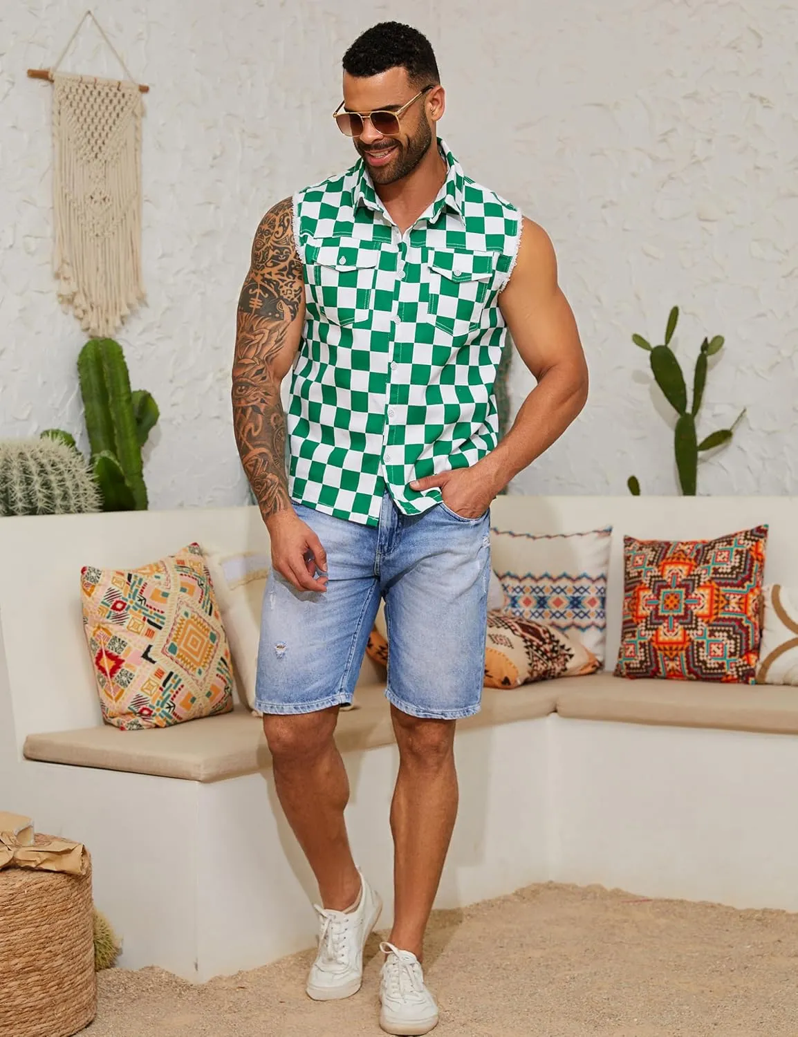 Denim Vest for Men Print Sleeveless Jean Jacket Festival Clothing