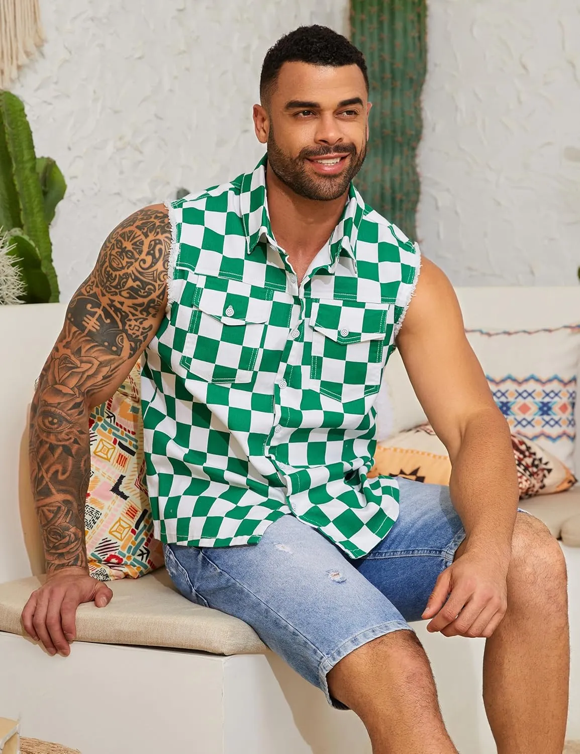 Denim Vest for Men Print Sleeveless Jean Jacket Festival Clothing