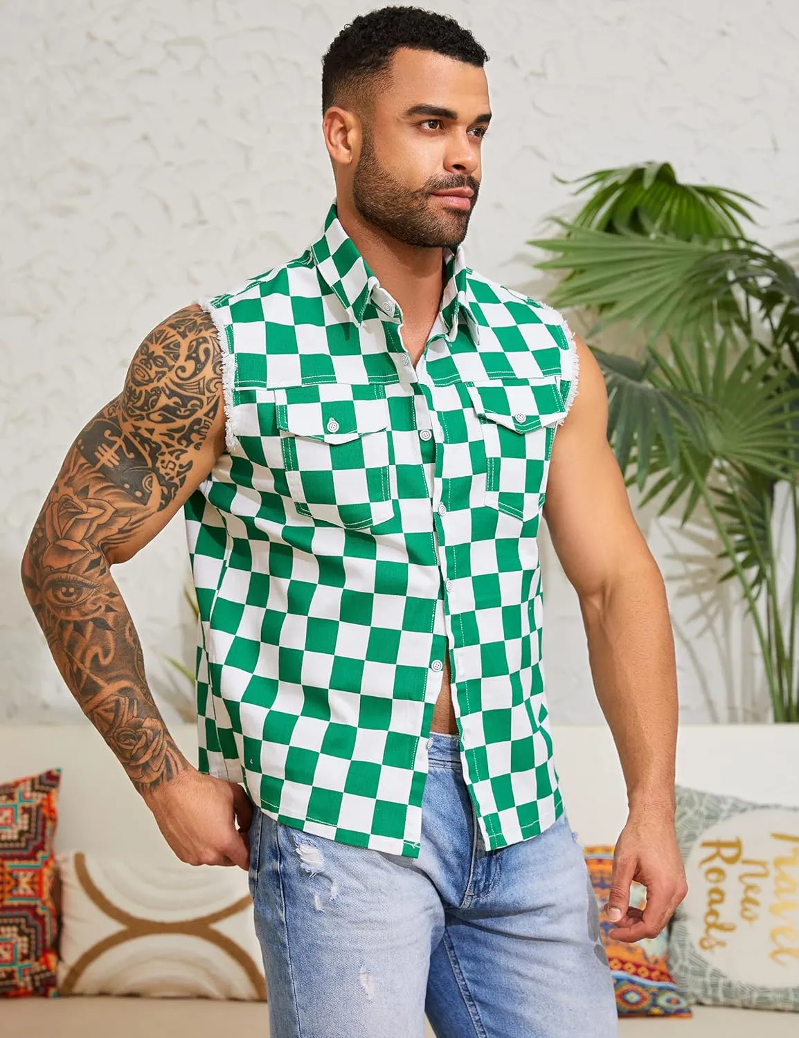 Denim Vest for Men Print Sleeveless Jean Jacket Festival Clothing