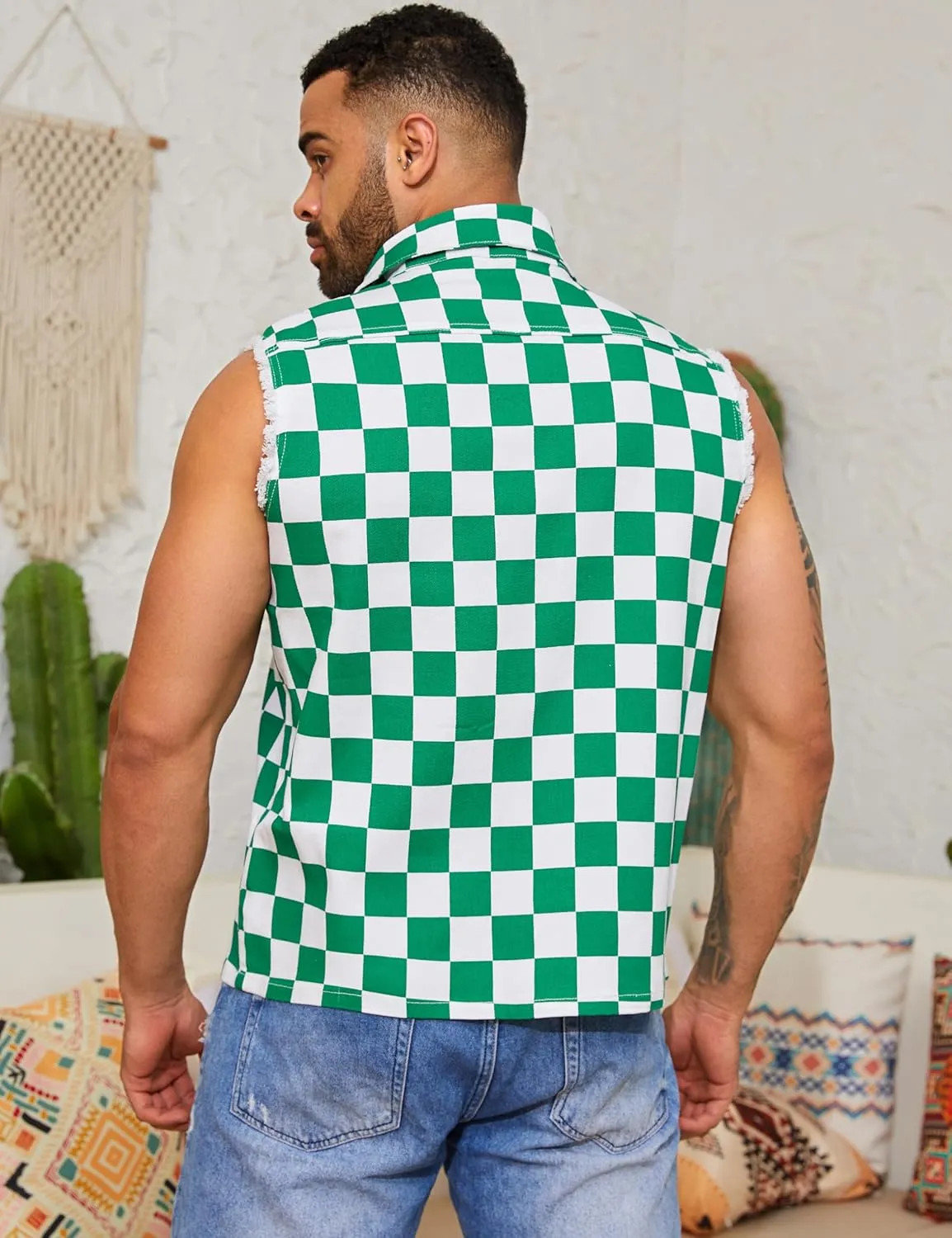 Denim Vest for Men Print Sleeveless Jean Jacket Festival Clothing