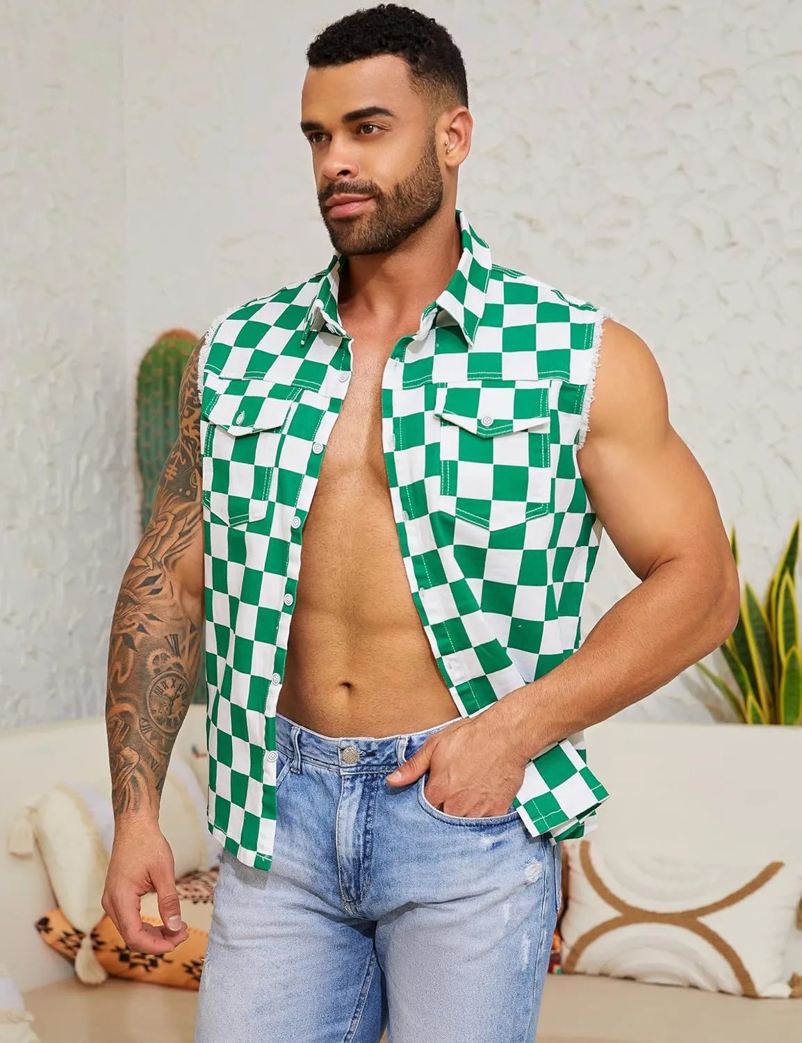 Denim Vest for Men Print Sleeveless Jean Jacket Festival Clothing