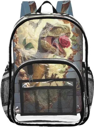 Dinosaur Break Through Wall Clear Backpack Rose PVC Transparent Backpack with Reinforced Straps for Women Men ，12L Large See Through Bookbag for School Work Sport Travel