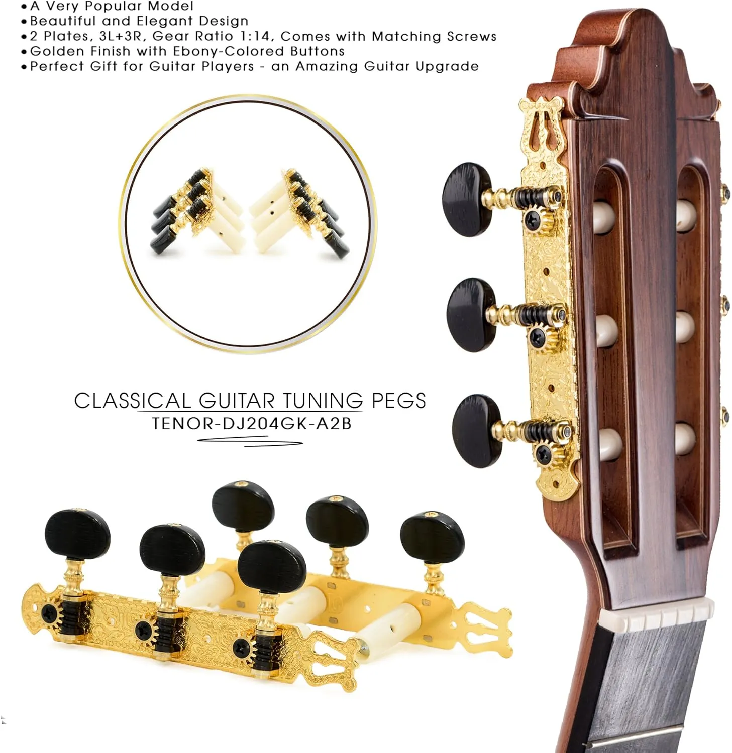DJ204GK-A2B TENOR Classical Guitar Tuners, Tuning Key Pegs/Machine Heads for Classical or Flamenco Guitar in Gold Plated Finishing with Ebony colored Buttons.