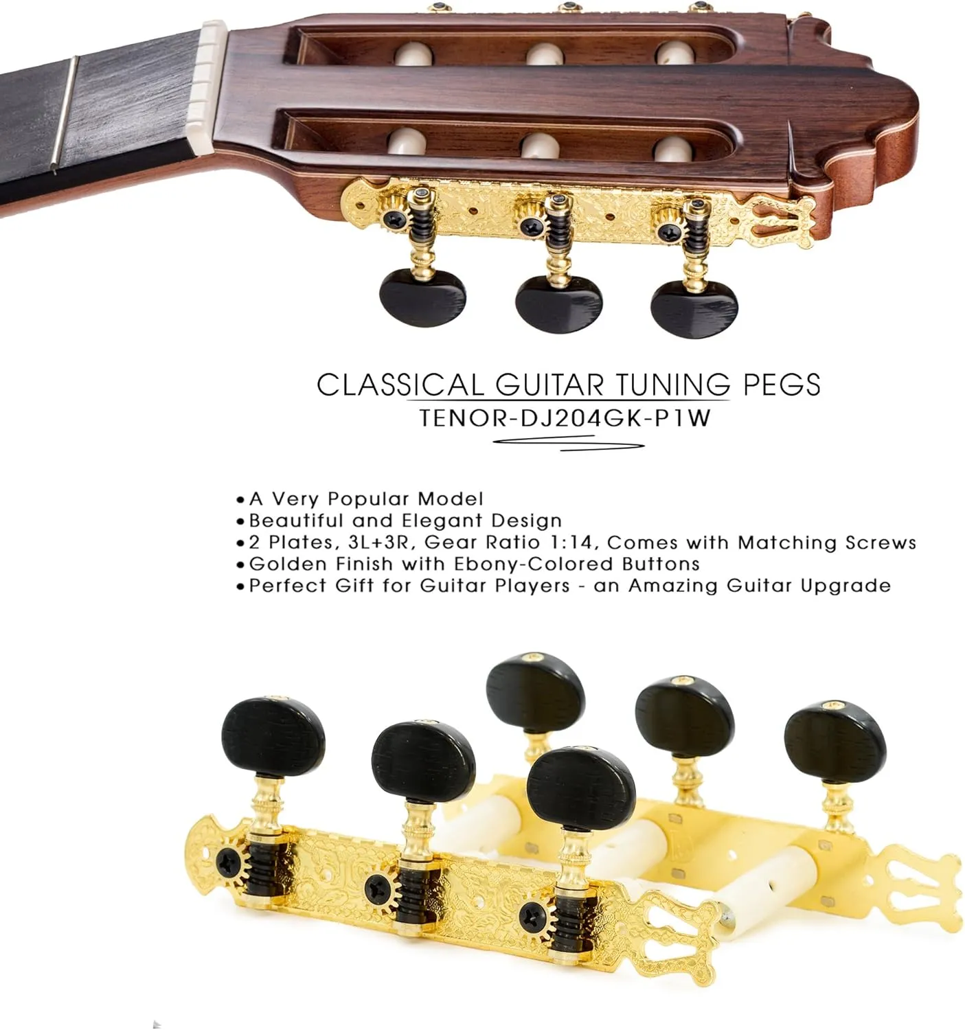 DJ204GK-A2B TENOR Classical Guitar Tuners, Tuning Key Pegs/Machine Heads for Classical or Flamenco Guitar in Gold Plated Finishing with Ebony colored Buttons.