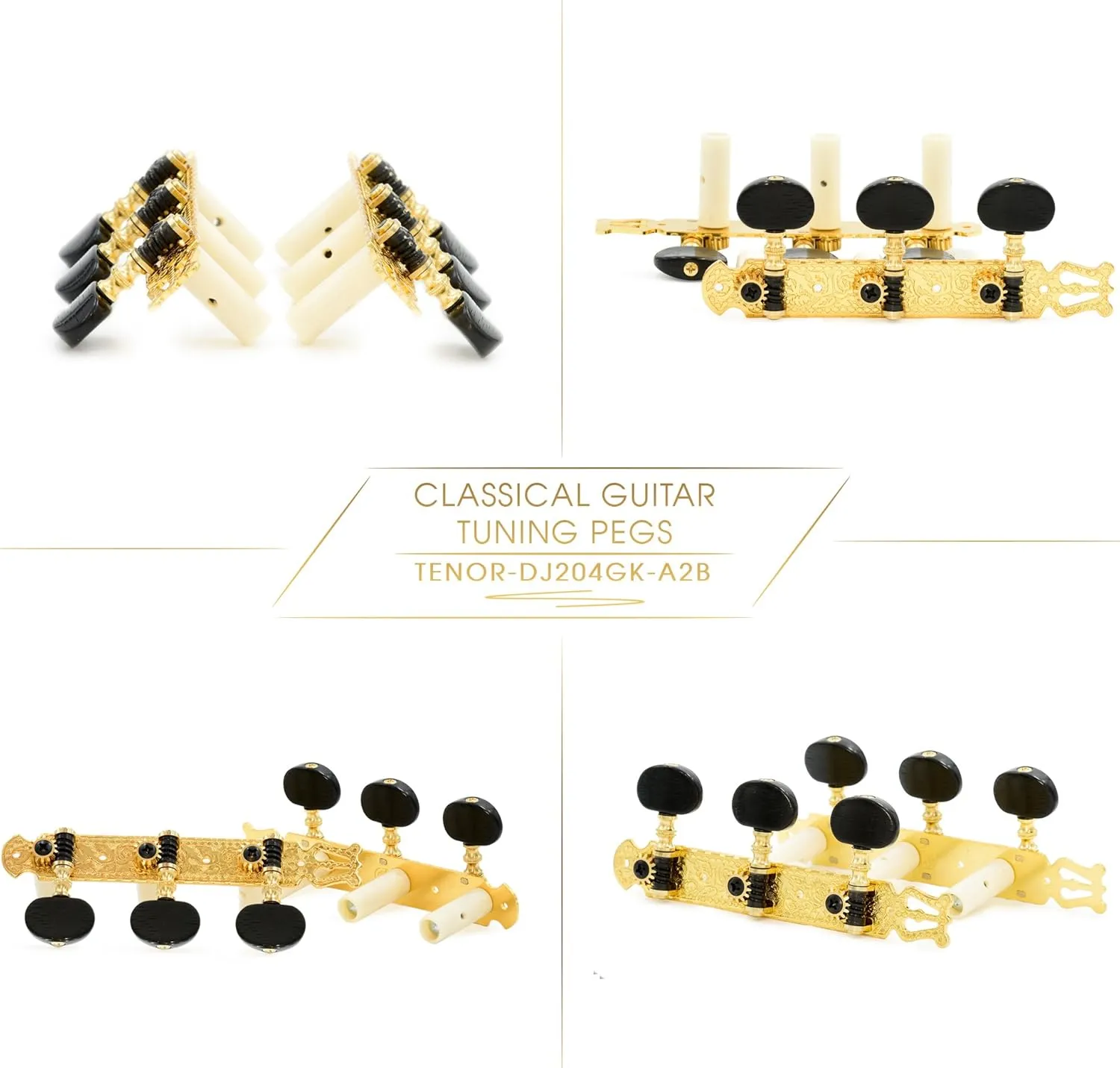 DJ204GK-A2B TENOR Classical Guitar Tuners, Tuning Key Pegs/Machine Heads for Classical or Flamenco Guitar in Gold Plated Finishing with Ebony colored Buttons.