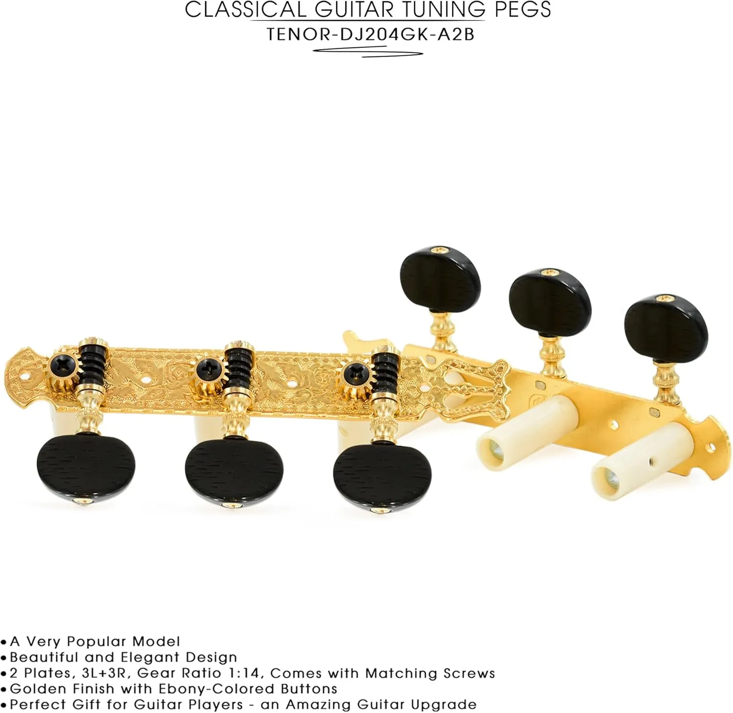 DJ204GK-A2B TENOR Classical Guitar Tuners, Tuning Key Pegs/Machine Heads for Classical or Flamenco Guitar in Gold Plated Finishing with Ebony colored Buttons.
