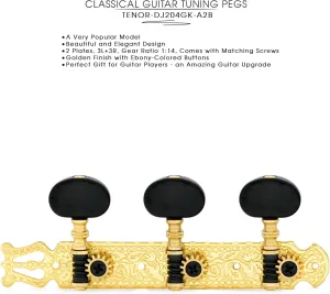 DJ204GK-A2B TENOR Classical Guitar Tuners, Tuning Key Pegs/Machine Heads for Classical or Flamenco Guitar in Gold Plated Finishing with Ebony colored Buttons.