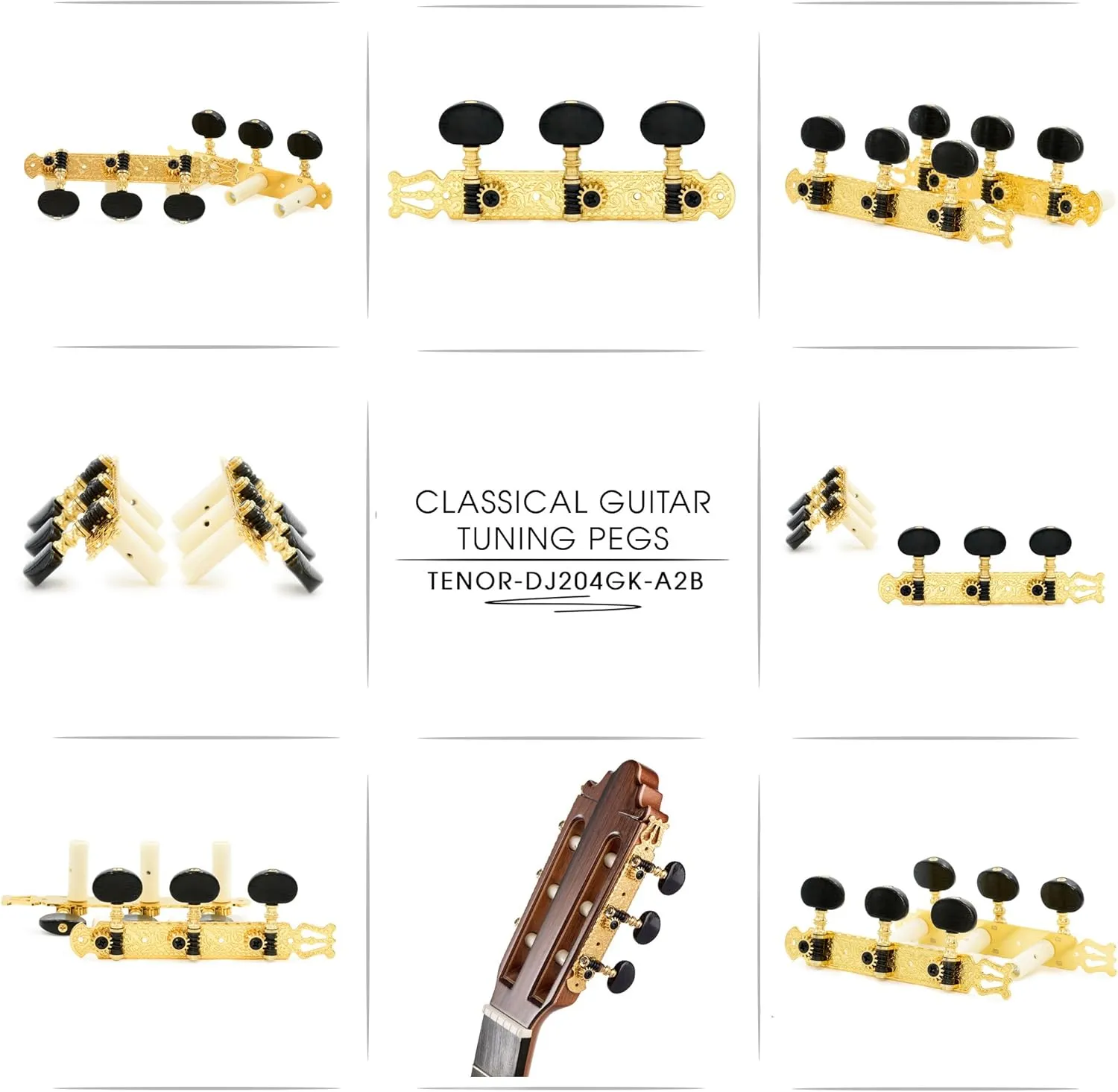 DJ204GK-A2B TENOR Classical Guitar Tuners, Tuning Key Pegs/Machine Heads for Classical or Flamenco Guitar in Gold Plated Finishing with Ebony colored Buttons.