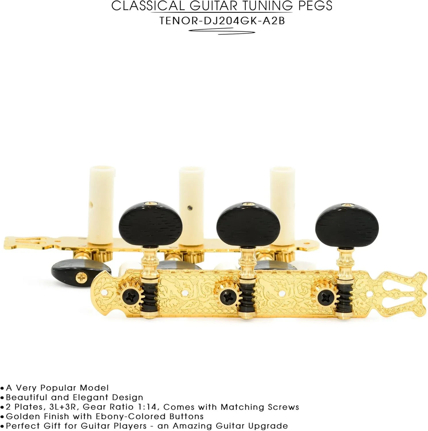 DJ204GK-A2B TENOR Classical Guitar Tuners, Tuning Key Pegs/Machine Heads for Classical or Flamenco Guitar in Gold Plated Finishing with Ebony colored Buttons.
