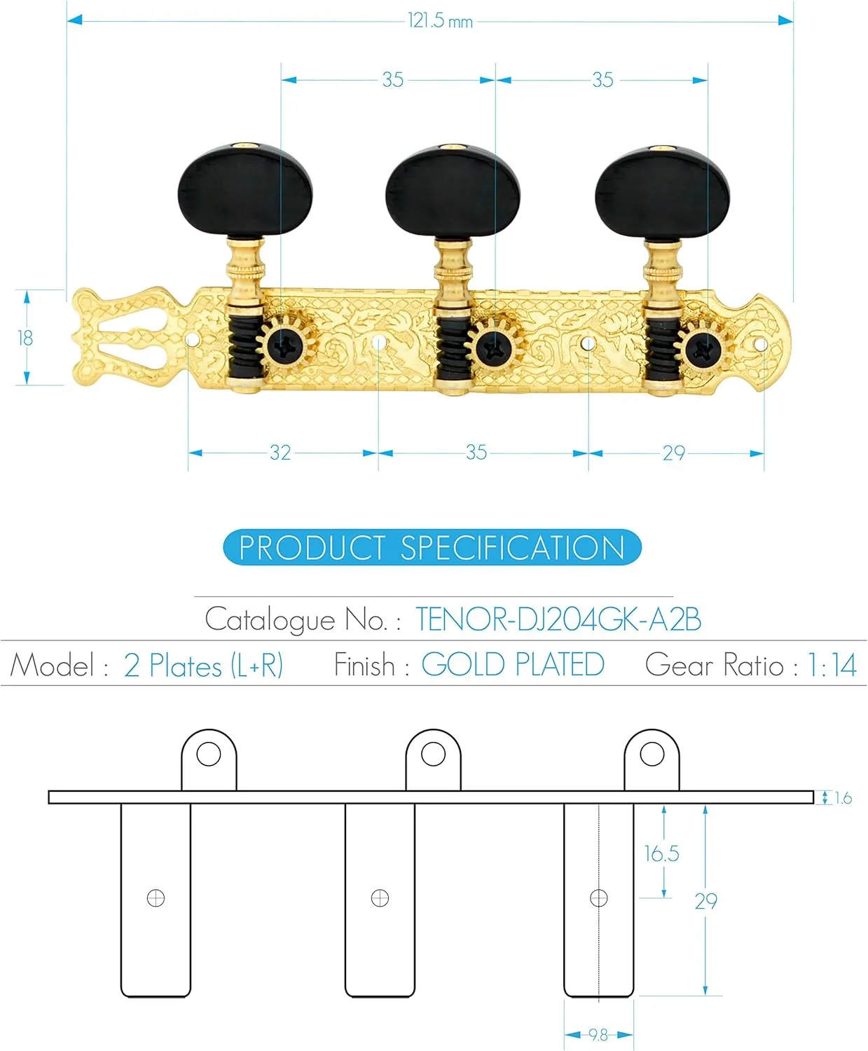 DJ204GK-A2B TENOR Classical Guitar Tuners, Tuning Key Pegs/Machine Heads for Classical or Flamenco Guitar in Gold Plated Finishing with Ebony colored Buttons.