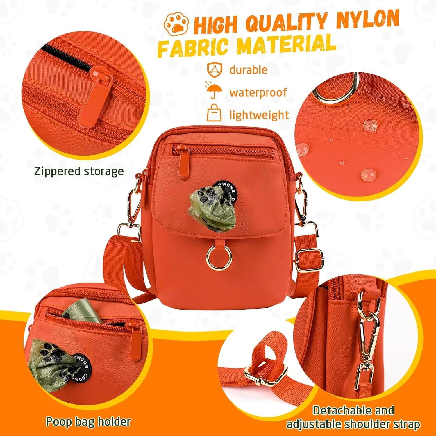 Dog Walking Bag Crossbody Waterproof & Lightweight Treat Pouch for Pet Training, Puppy Treat Tote, Dog Mom Purse (Orange 1.0)