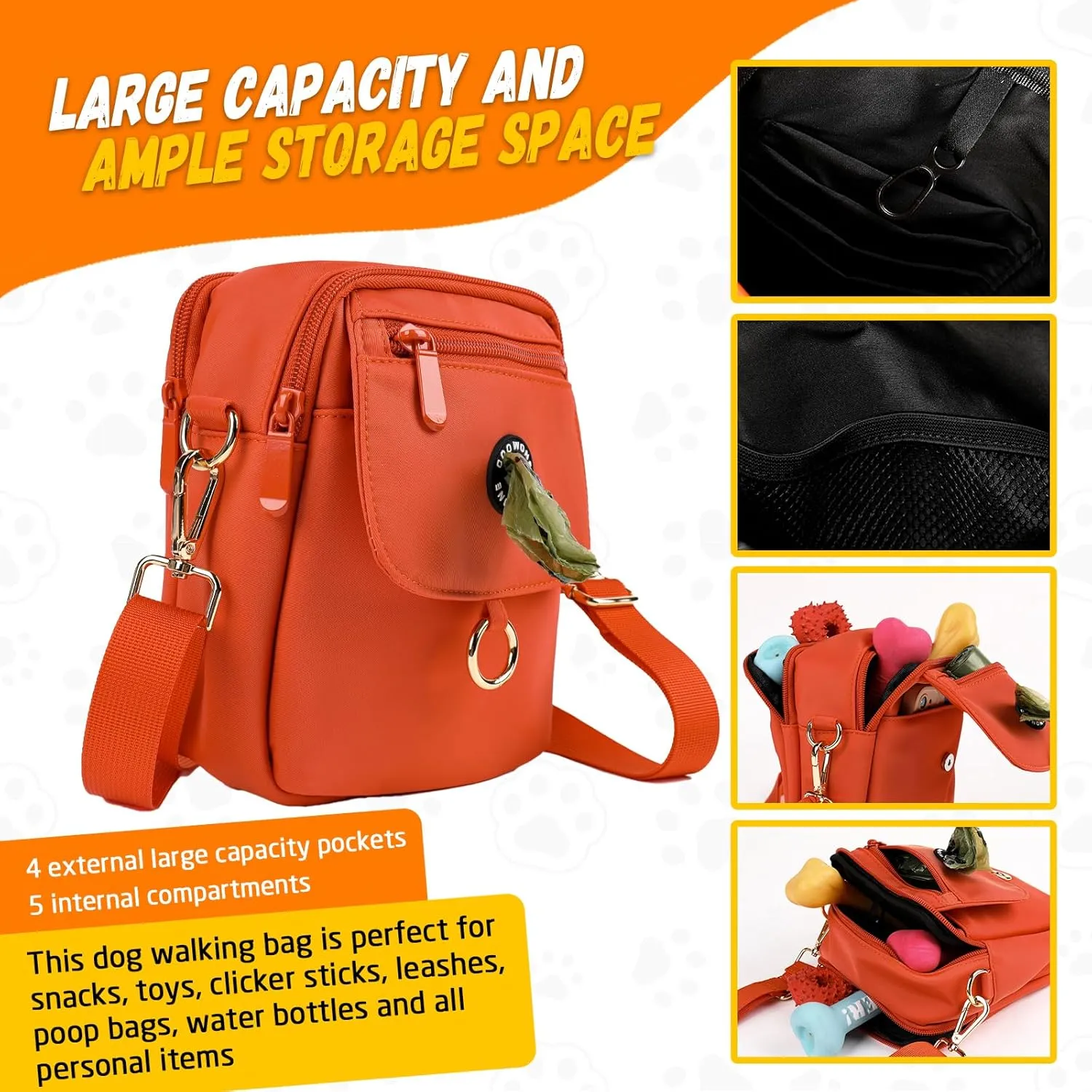 Dog Walking Bag Crossbody Waterproof & Lightweight Treat Pouch for Pet Training, Puppy Treat Tote, Dog Mom Purse (Orange 1.0)