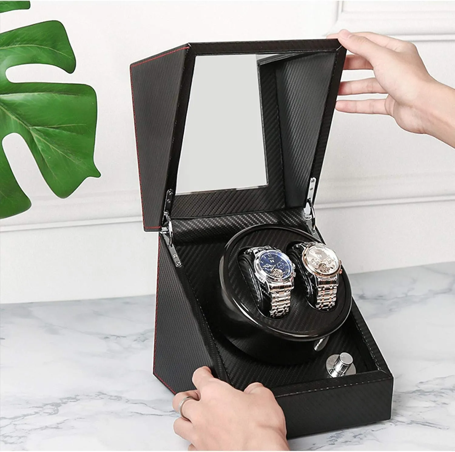 Double Watch Winder Box for Automatic Mechanical Watch Black Leather Exterior Silent Motor Include AC Adapter Accessories，B