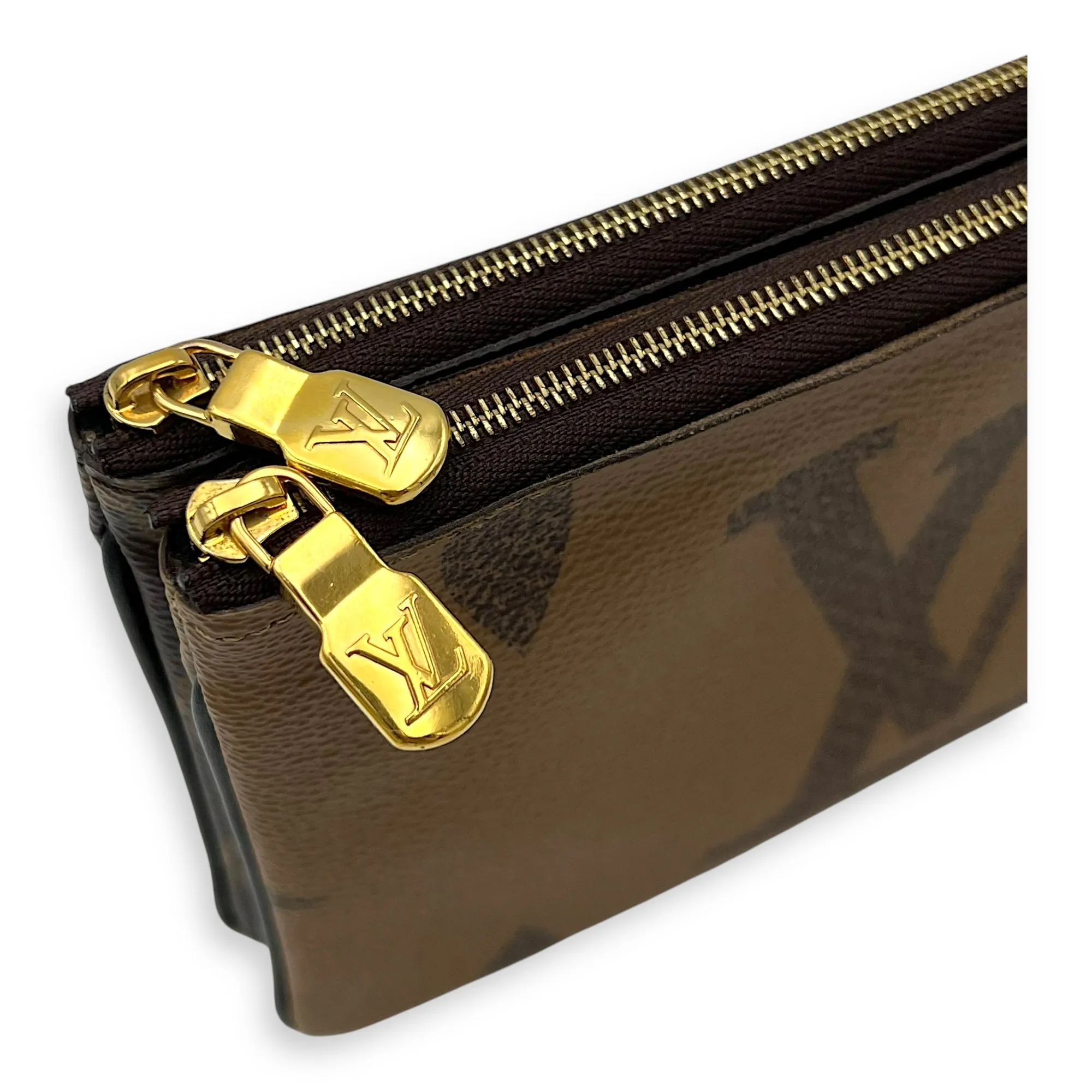 Double Zip Pouchette Brown Crossbody Bag in Coated Canvas, Gold hardware