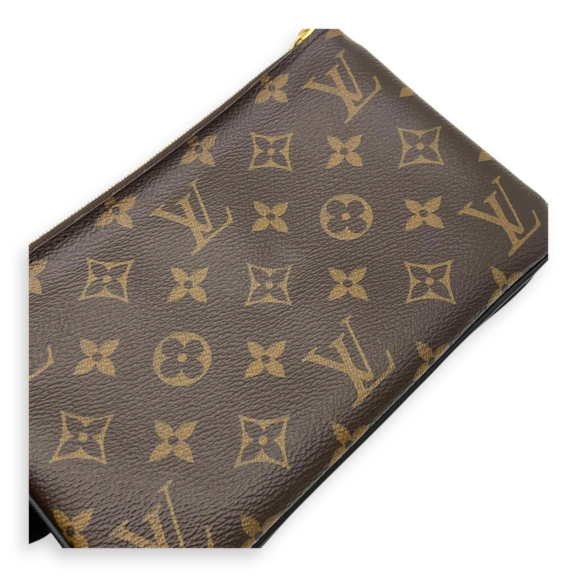 Double Zip Pouchette Brown Crossbody Bag in Coated Canvas, Gold hardware