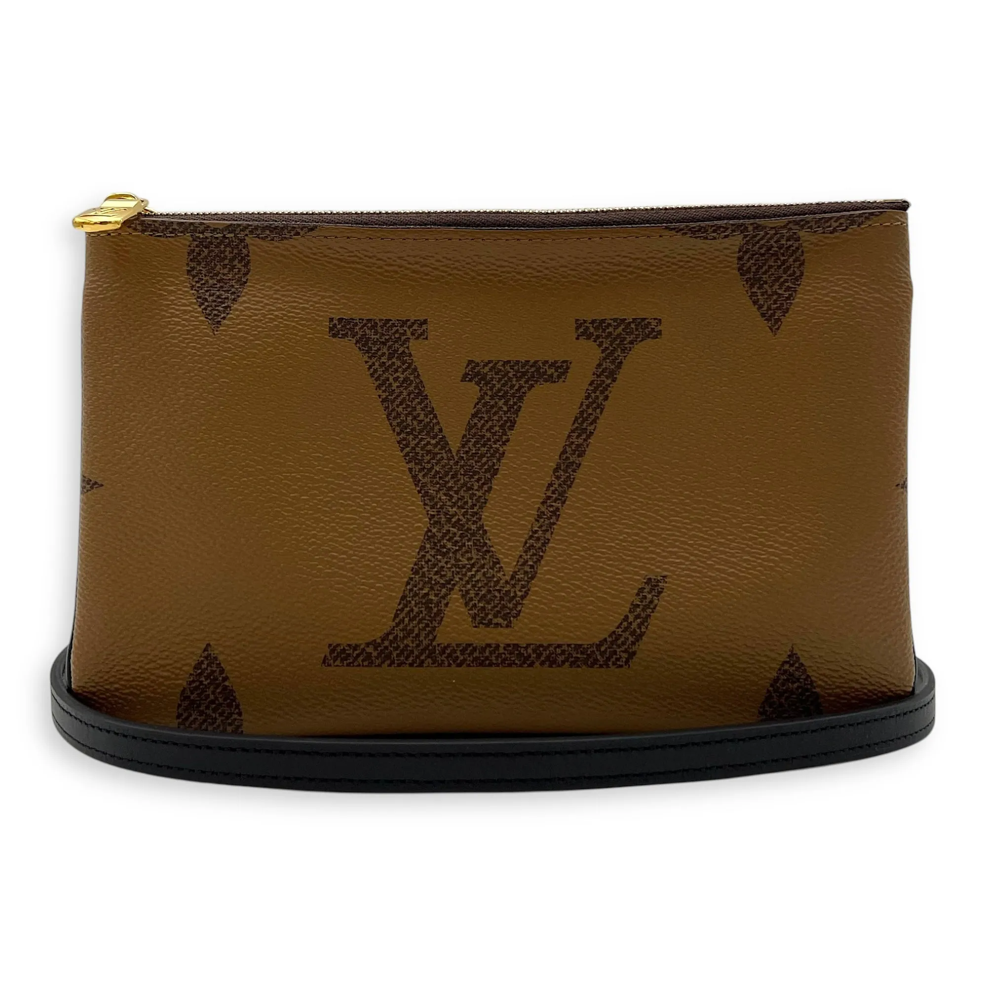 Double Zip Pouchette Brown Crossbody Bag in Coated Canvas, Gold hardware