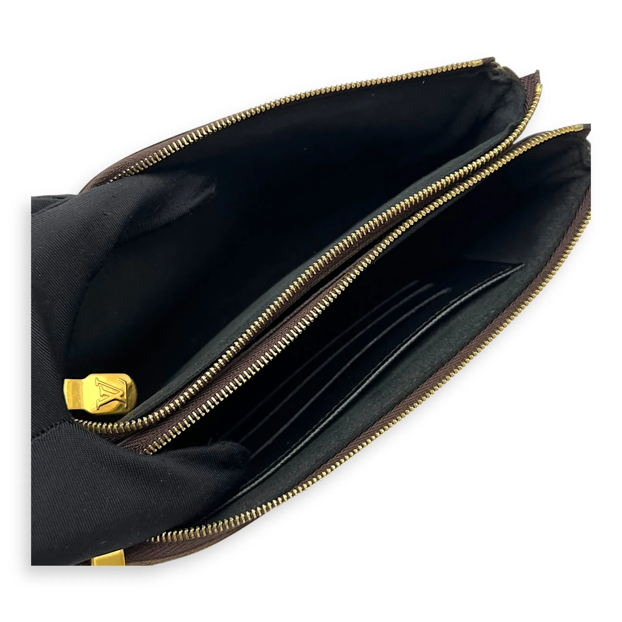 Double Zip Pouchette Brown Crossbody Bag in Coated Canvas, Gold hardware