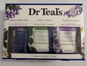 Dr. Teal's Epsom Salt Stress Relief Gift Set (Three 11oz Bags) - Relax & Relief Eucalyptus, Melatonin Soak, & Soothing Lavender - Give The Gift of Relaxation - Soothe Aches with at Home Spa Kit