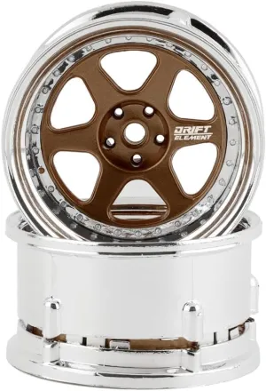 Drift Element 1/10 RC Drift Car Rims Wheels, Set of 2, 6-Spoke, Adjustable Offset, Compatible with Yokomo YD MD RD, MST RMX, Reve D RDX, Redcat RDS, HPI, Tamiya TT (Bronze w/Chrome Lip)