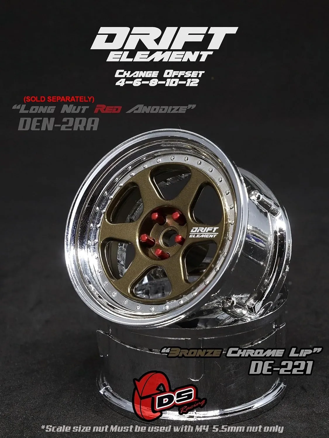Drift Element 1/10 RC Drift Car Rims Wheels, Set of 2, 6-Spoke, Adjustable Offset, Compatible with Yokomo YD MD RD, MST RMX, Reve D RDX, Redcat RDS, HPI, Tamiya TT (Bronze w/Chrome Lip)