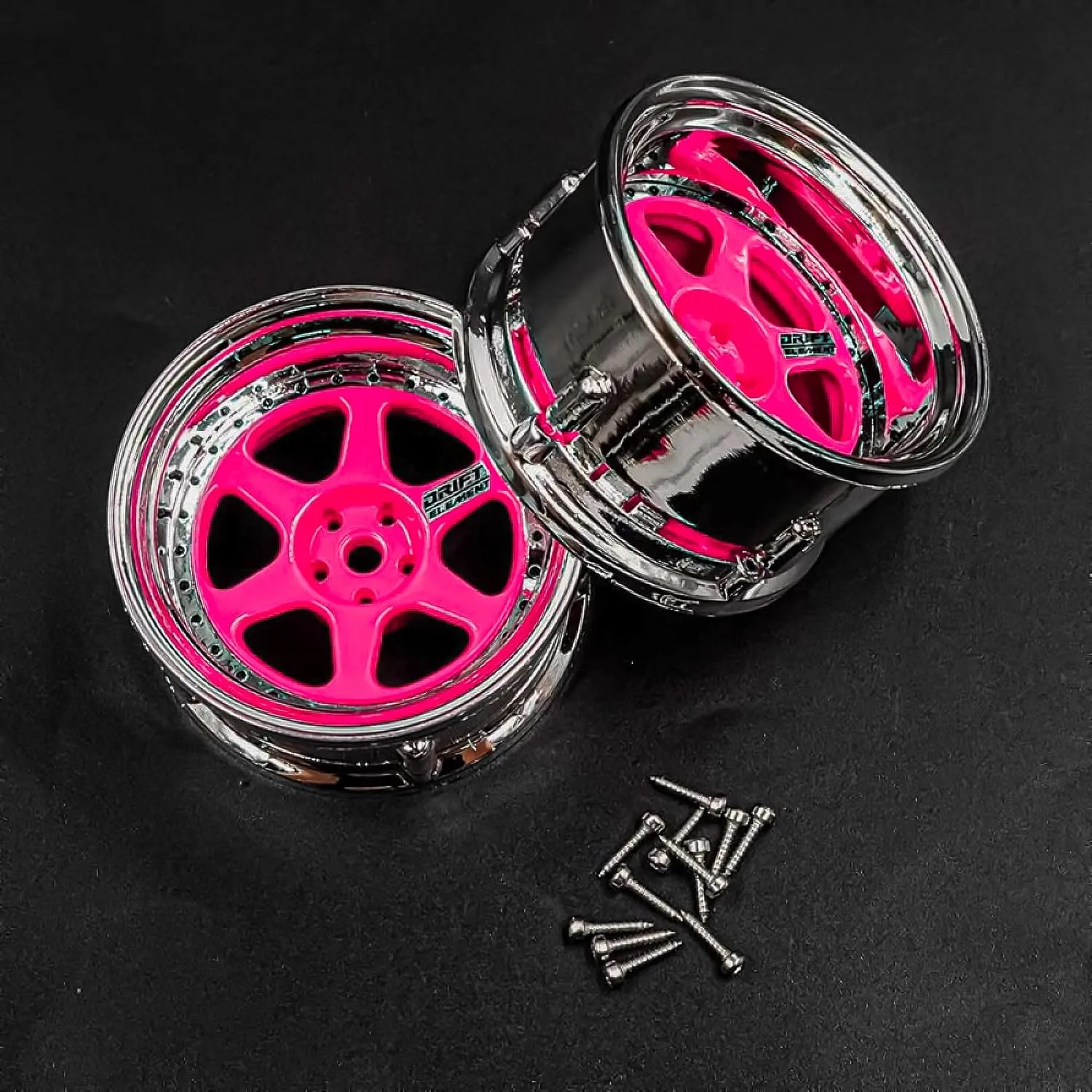 Drift Element 1/10 RC Drift Car Rims Wheels, Set of 2, 6-Spoke, Adjustable Offset, Compatible with Yokomo YD MD RD, MST RMX, Reve D RDX, Redcat RDS, HPI, Tamiya TT (Flu Pink w/Chrome Lip)