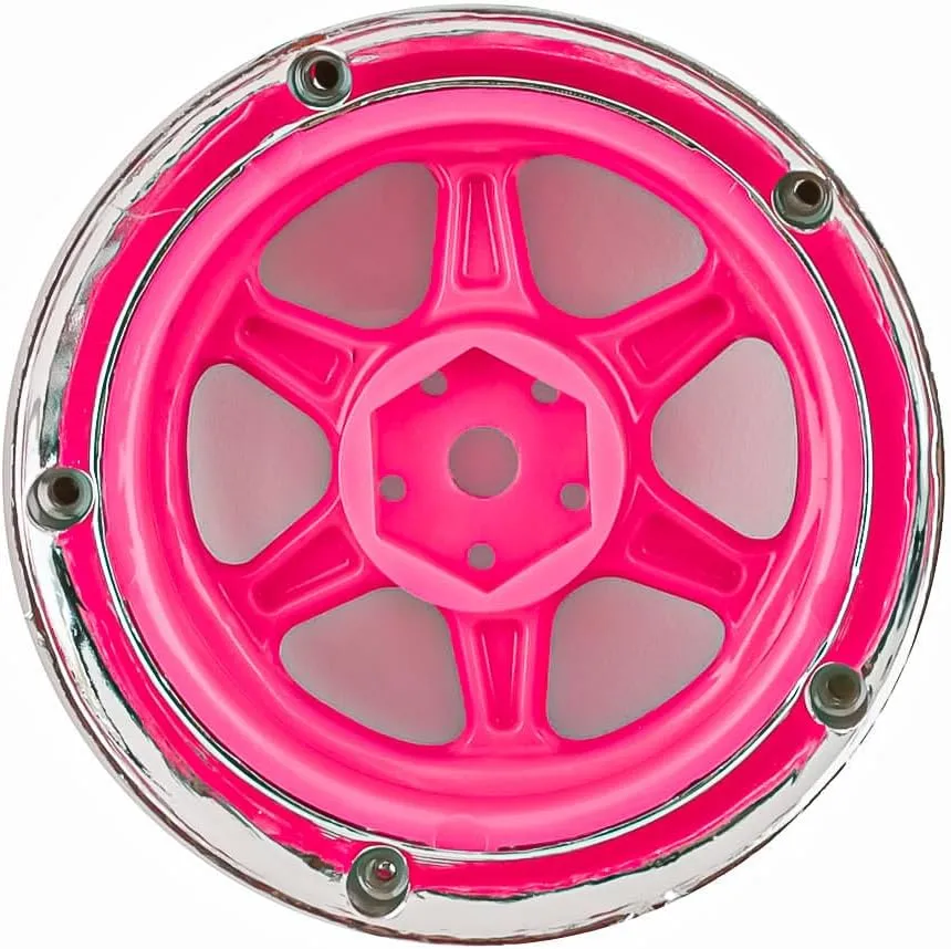 Drift Element 1/10 RC Drift Car Rims Wheels, Set of 2, 6-Spoke, Adjustable Offset, Compatible with Yokomo YD MD RD, MST RMX, Reve D RDX, Redcat RDS, HPI, Tamiya TT (Flu Pink w/Chrome Lip)