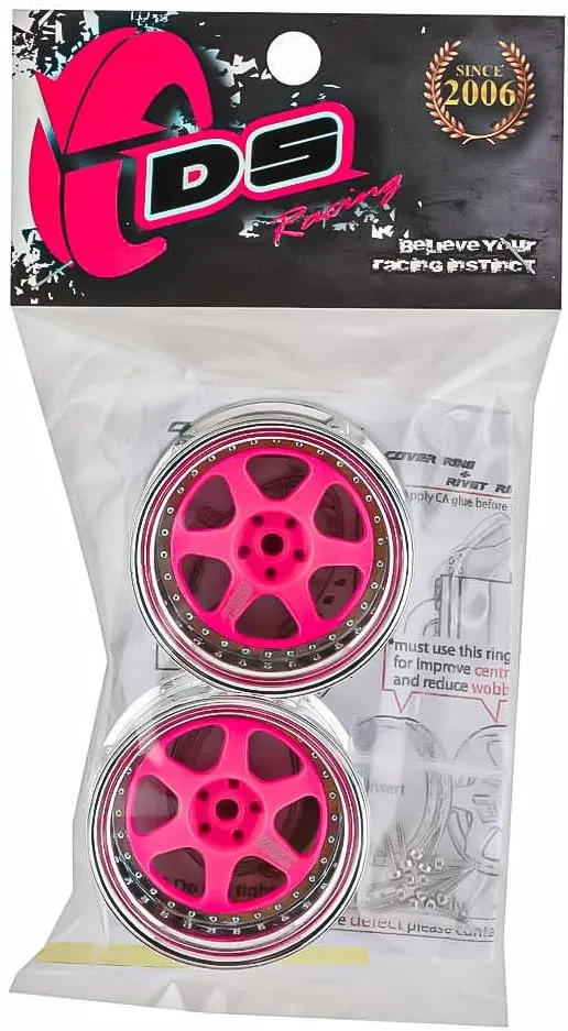 Drift Element 1/10 RC Drift Car Rims Wheels, Set of 2, 6-Spoke, Adjustable Offset, Compatible with Yokomo YD MD RD, MST RMX, Reve D RDX, Redcat RDS, HPI, Tamiya TT (Flu Pink w/Chrome Lip)