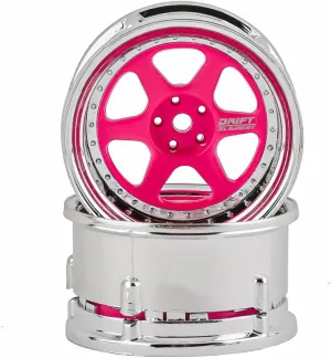 Drift Element 1/10 RC Drift Car Rims Wheels, Set of 2, 6-Spoke, Adjustable Offset, Compatible with Yokomo YD MD RD, MST RMX, Reve D RDX, Redcat RDS, HPI, Tamiya TT (Flu Pink w/Chrome Lip)