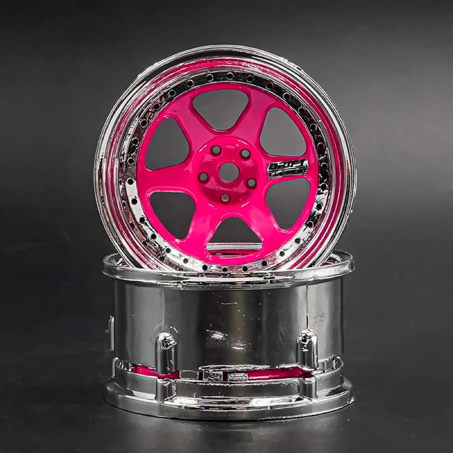 Drift Element 1/10 RC Drift Car Rims Wheels, Set of 2, 6-Spoke, Adjustable Offset, Compatible with Yokomo YD MD RD, MST RMX, Reve D RDX, Redcat RDS, HPI, Tamiya TT (Flu Pink w/Chrome Lip)