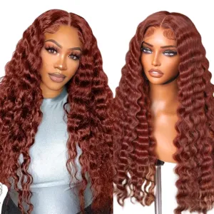 DULOVE Reddish Brown Deep Wave Lace Front Wigs Human Hair Pre Plucked with Baby Hair Glueless 13x4 Hd Transparent Lace Front Wigs Human Hair Auburn Wig 200 Density 26inch