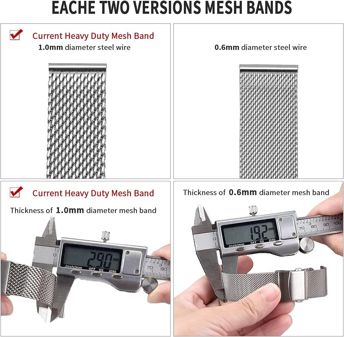 EACHE Stainless Steel Thick Mesh Watch Bands for Mens, Quick Release Adjustable Heavy Duty Mesh Watch Straps 18mm 20mm 22mm