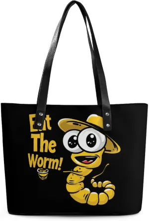 Eat The Worm Women Tote Bag PU Leather Handbags Top Handle Bag Fashion Shoulder Purses with Zippered