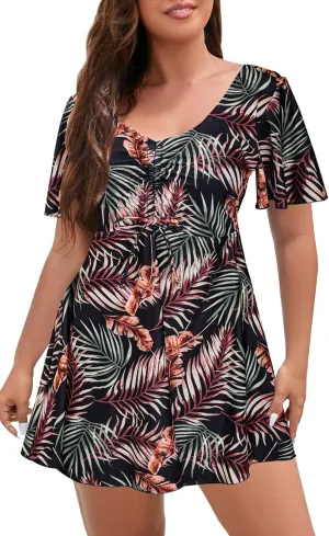 ECUPPER Womens One Piece Swimsuit with Sleeves Plus Size Swim Dress Modest Tummy Control Skirt Bathing Suit Built in Shorts