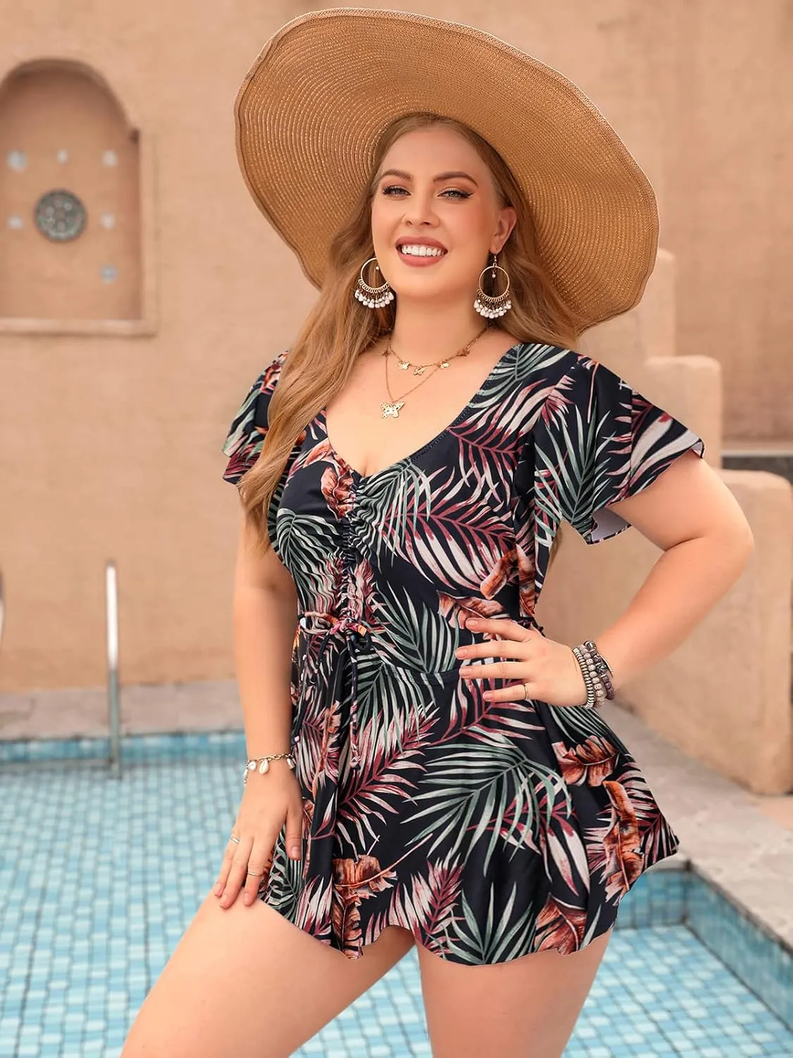 ECUPPER Womens One Piece Swimsuit with Sleeves Plus Size Swim Dress Modest Tummy Control Skirt Bathing Suit Built in Shorts