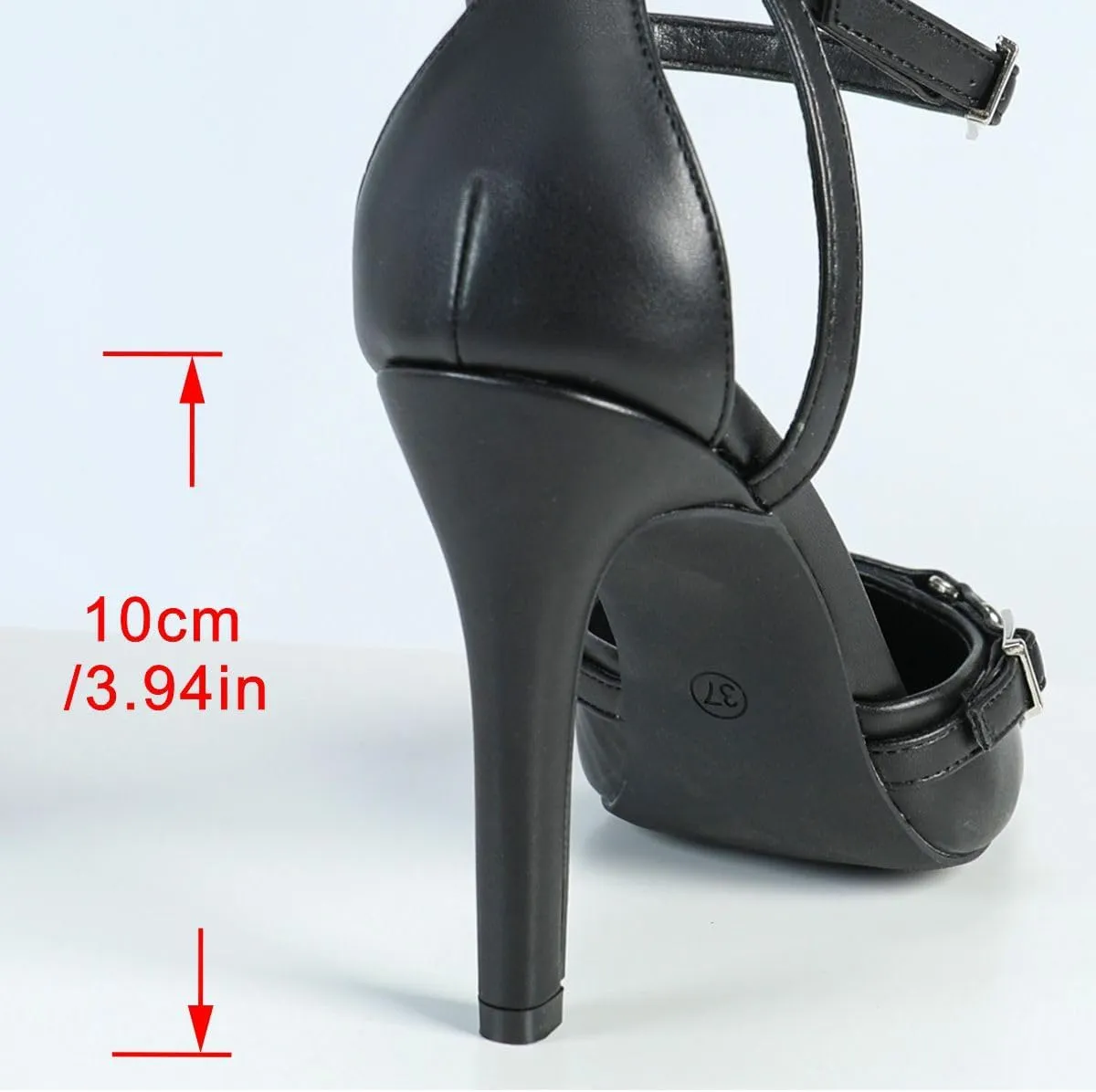 Edgy Punk Black Closed-Toe Pumps for Women – 2025 Trendy Strappy High Heels with Metal Buckles, Adjustable Ankle Strap & Rivet Details for Parties, Fashion Events, and Punk Style Outfits