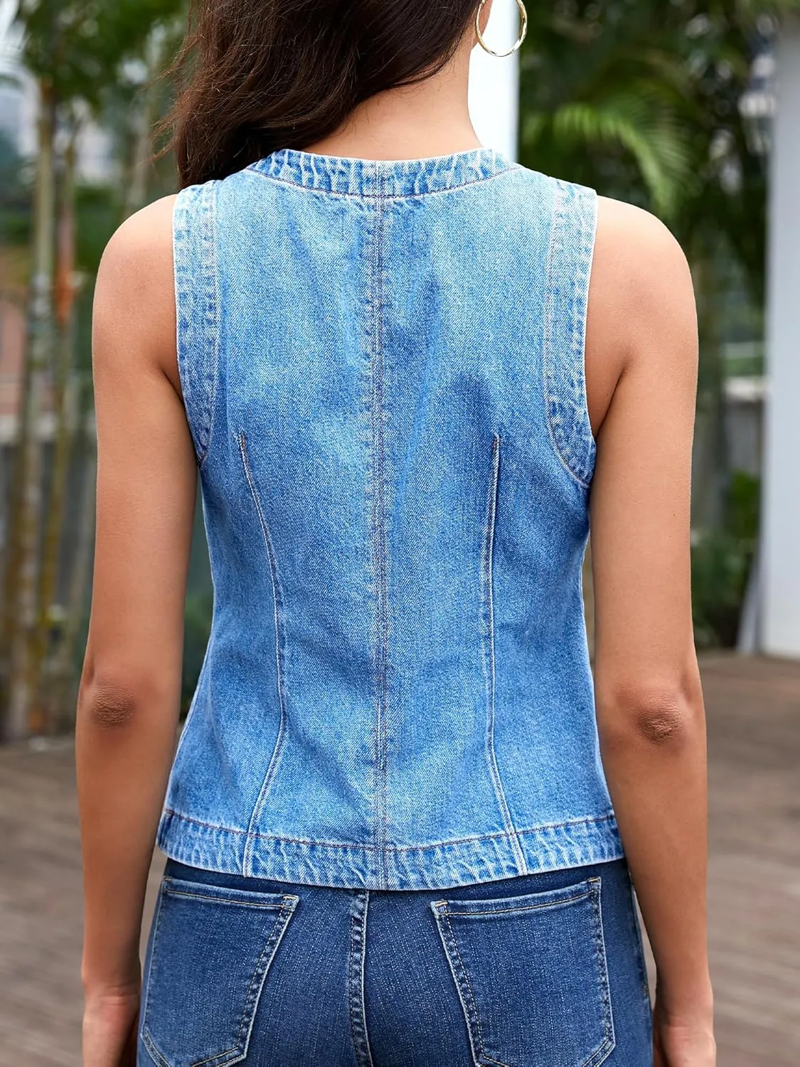 ELLEVEN Women’s Crew Neck Denim Vest Summer, Button Down Fitted Jean Vest Top for Women Casual Outerwear Waistcoat