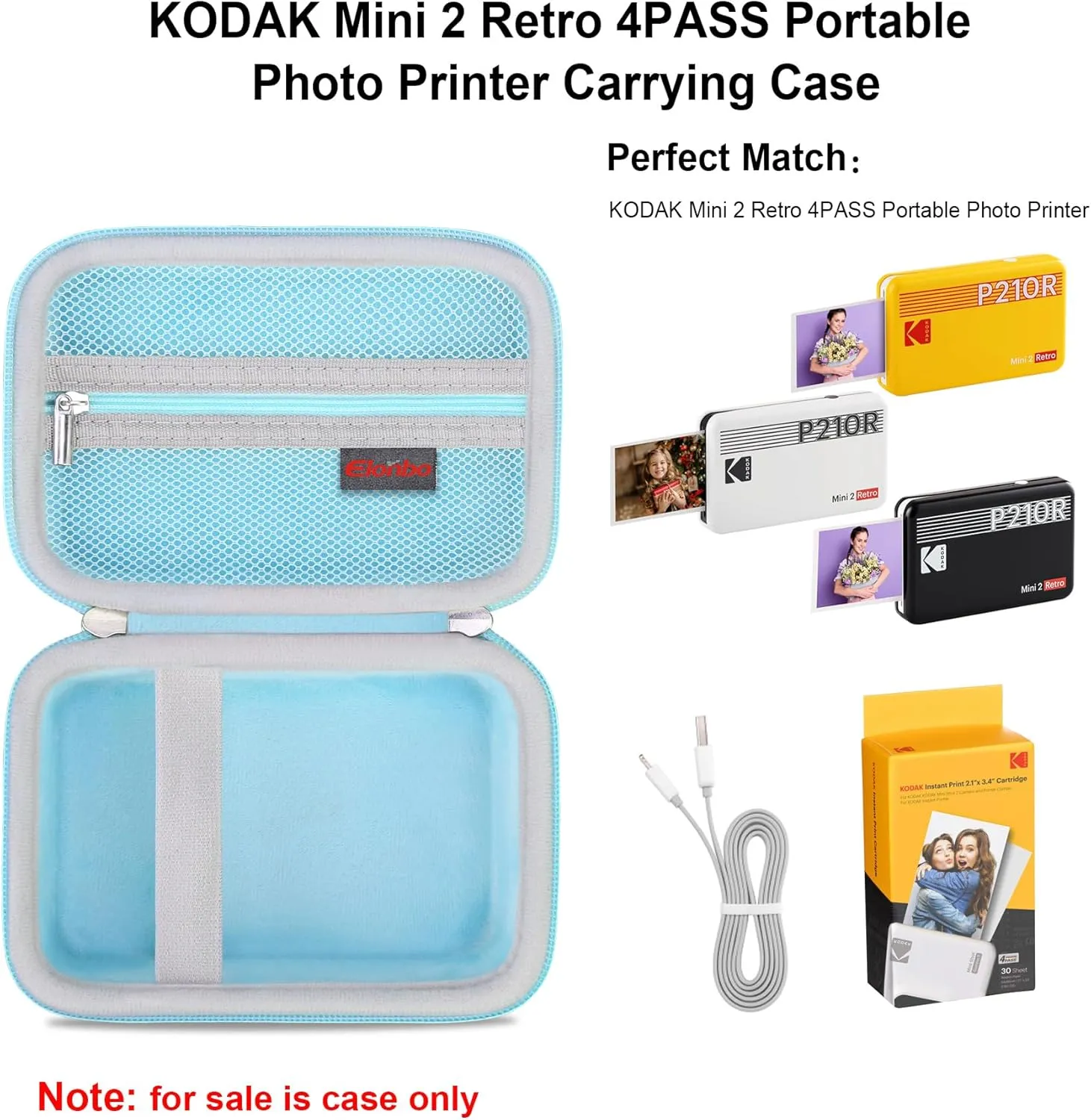 Elonbo Carrying Case for KODAK Mini 2 Retro 4PASS Portable Photo Printer, Digital Instant Print Camera Travel Bag Storage Holder, Mesh Pocket Fits Printing Paper, Cable, Blue